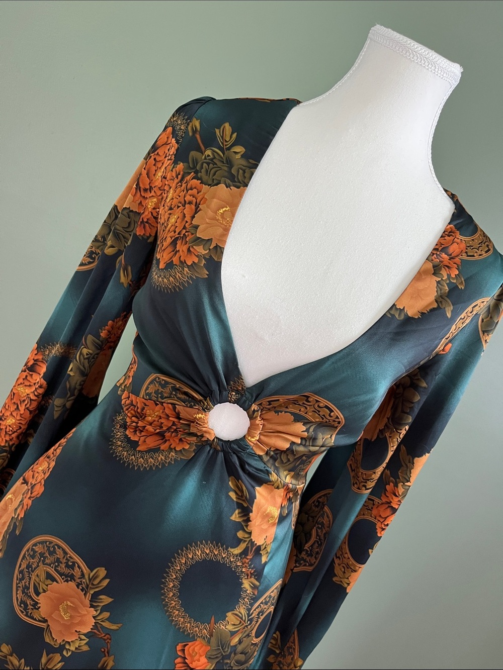 12th Tribe Teal Maxi Dress with Orange Floral Print - Picture 3 of 6